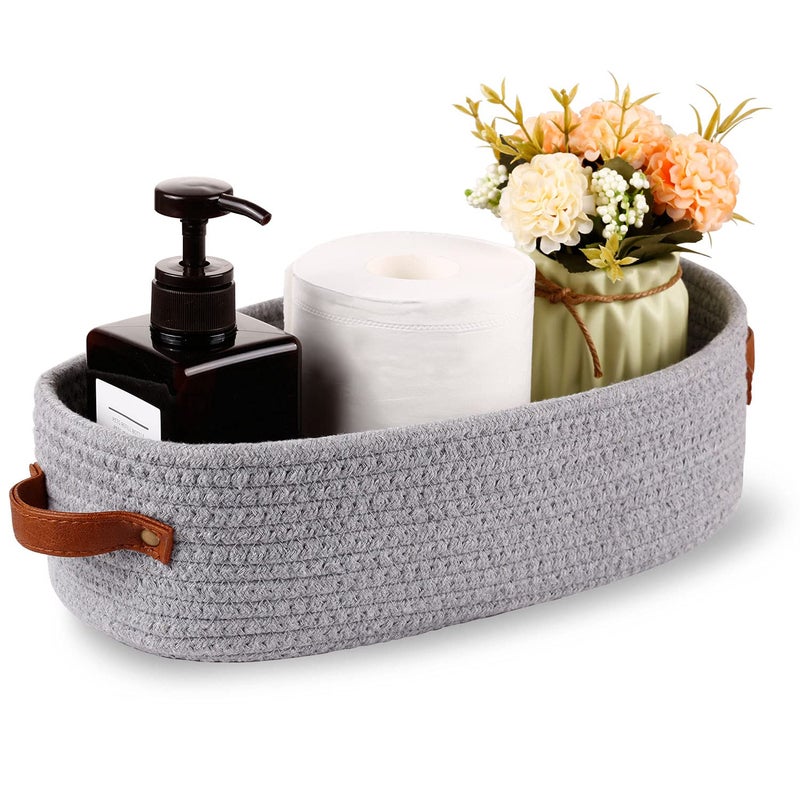 Oradrem Cotton Rope Small Woven Toilet Paper Room Storage Basket with Handles for Bathroom  13""x5.9""x4"" Gary - Image 1